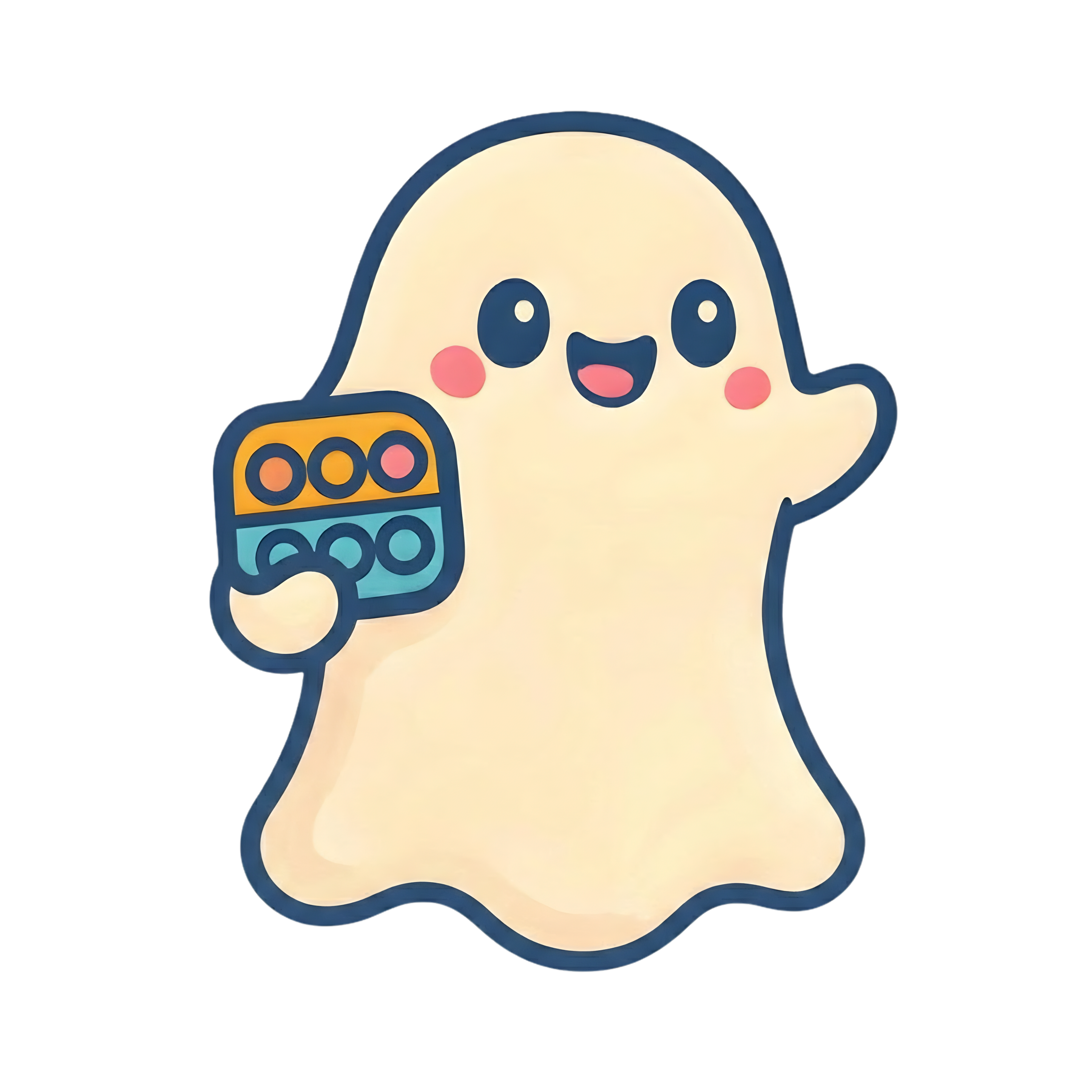 Fidgy Widgy ghost mascot holding a fidget toy